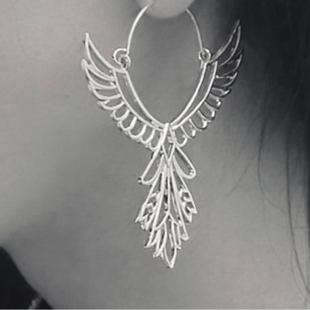 “Thunderbird” Phoenix Silver Guardian Angel Festival Native American Wing Hoops - Picture 11 of 13